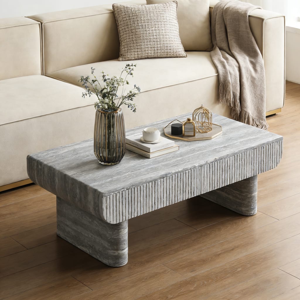 Coffee Table with Grey Wood Texture Tabletop, Mid Century Modern Coffee Table with Fluted Drawer, for Living Room, Office