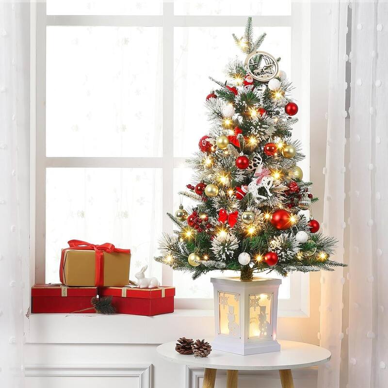 3 Ft Artificial Pre-Lit Christmas Tree with Snowflakes and Red Berries