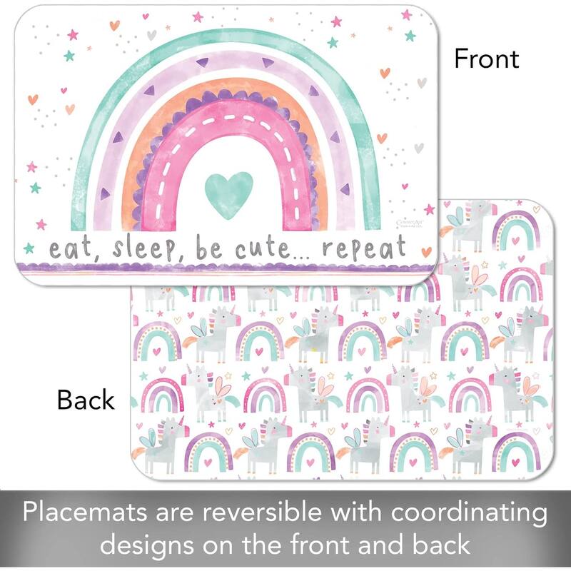 CounterArt Rainbows & Unicorns Reversible Easy Care Flexible Plastic Placemat 4 Pack Made in The USA