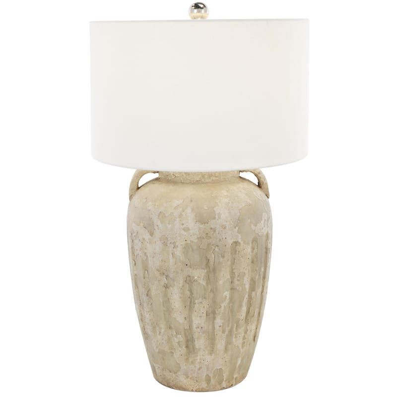 Ceramic Distressed Antique Style Pot Vase Room Table Lamp with Cream Linen Shade - Brown, Black, Cream - Roche River Decor - Cream
