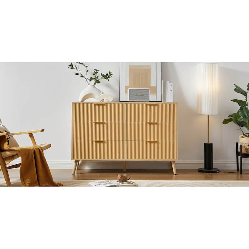 Anmytek Natural Wooden 6-Drawer Double Dresser with Wavy Drawers