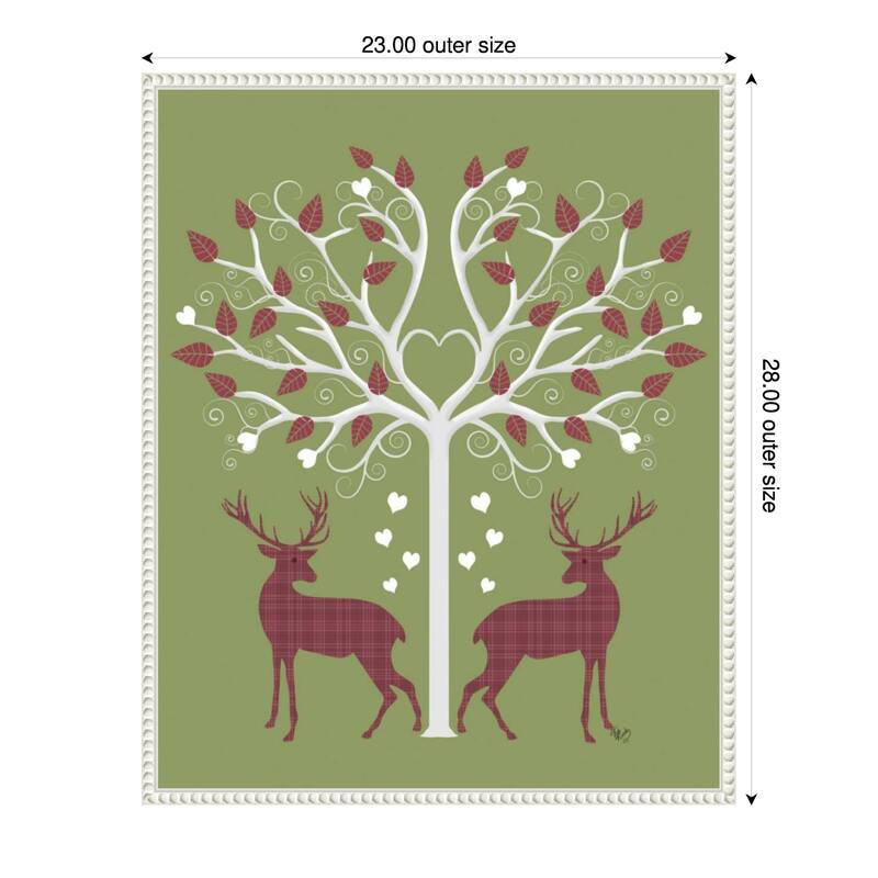 Christmas Des Deer and Heart Tree Pink On Green by Fab Funky (23 x 28 in.), Framed Canvas Wall Art Print - Sylvie Beaded White