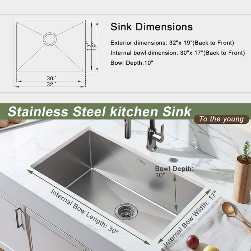 Undermount Kitchen Sink 16 Gauge Stainless Steel Single Bowl - 32 x 19 x 10 Inch Deep Basin