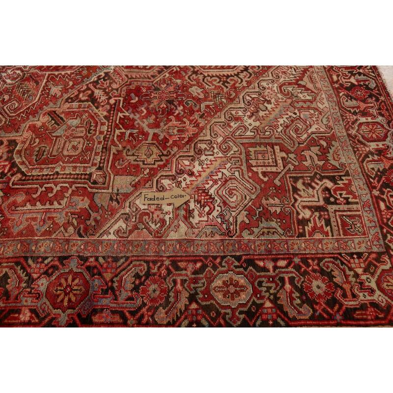 Red Geometric Heriz Persian Vintage Area Rug Hand-Knotted Wool Carpet - 9'4"x 13'5"