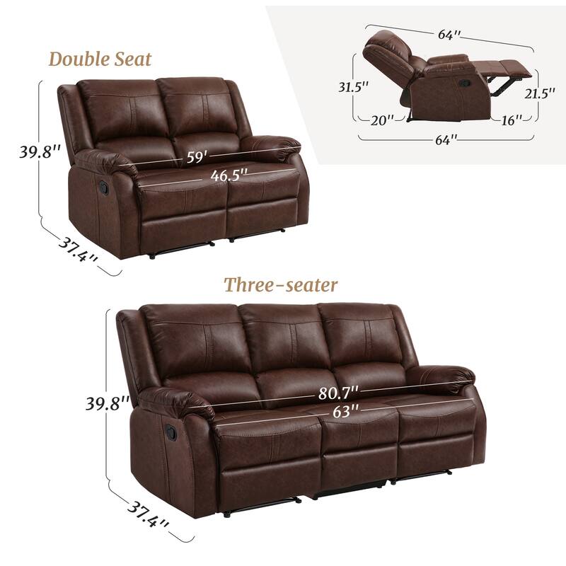 Modern Manual Recliner Chair, 2-Piece Faux Leather Reclining Sofa Set For Living Room, Black / Saddle Brown / Brown Double Color