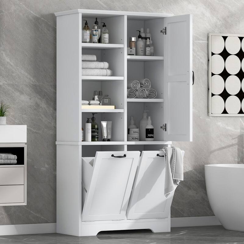 Free Standing Bathroom Storage Cabinet with Tilt-Out Laundry Baskets, Tall Cabinet with Adjustable Shelf - White