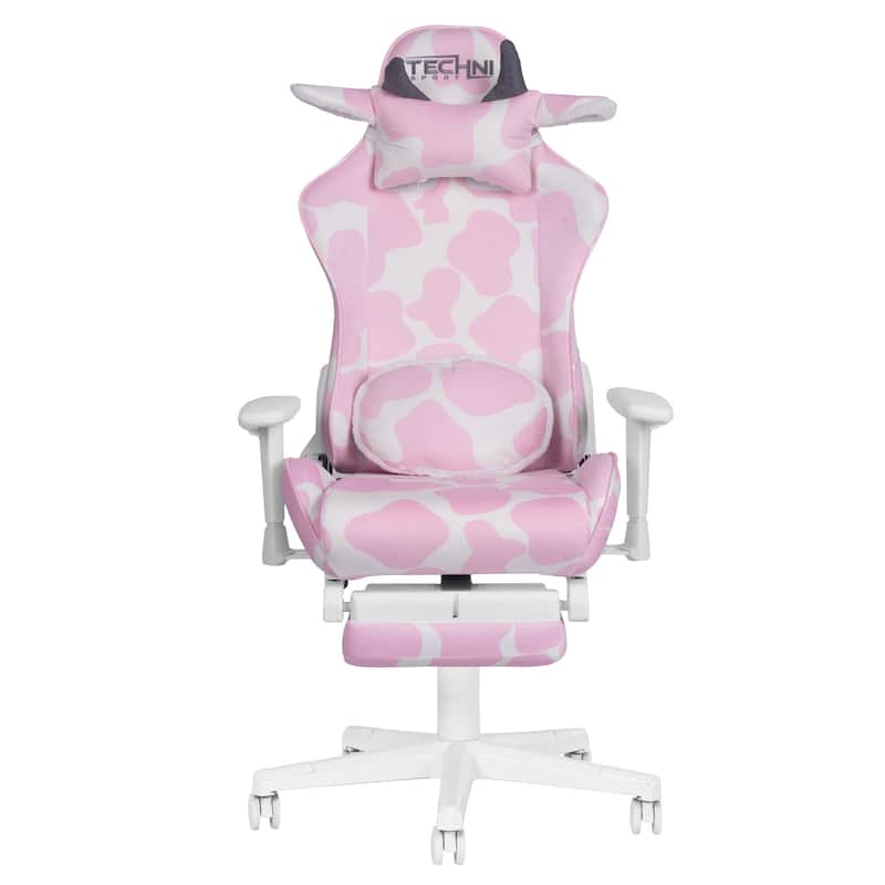 Gaming Chair With Footrest,Pink & White Cow Print Velvet-Like Fabric High-Quality Memory Foam Seat