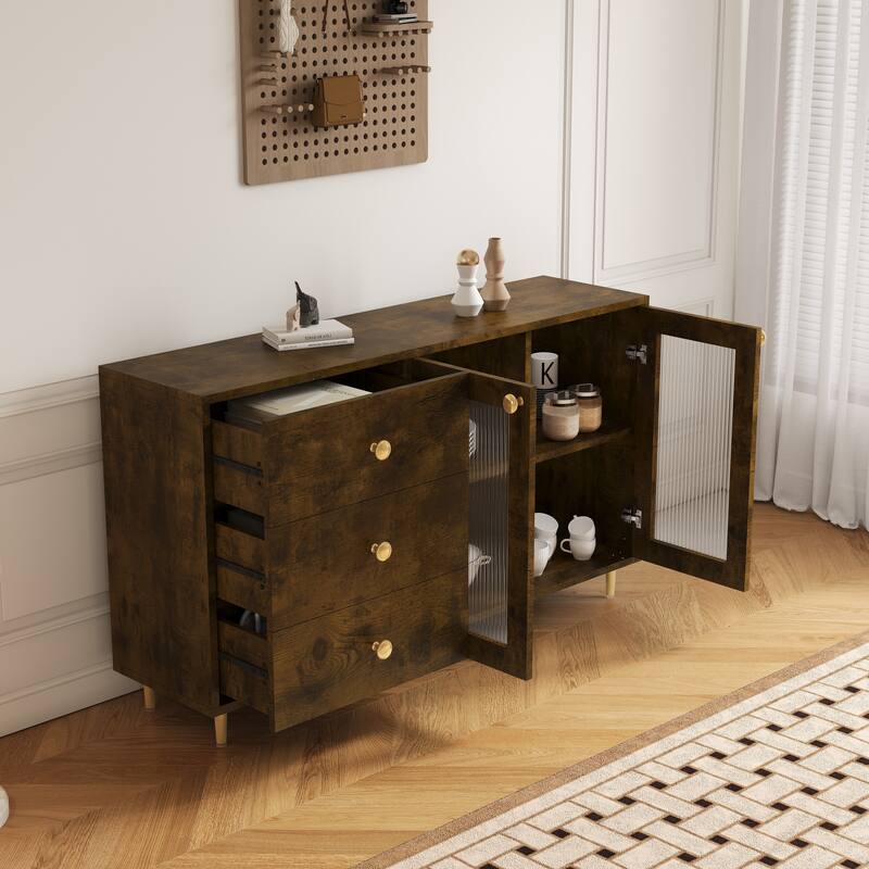 Freestanding Buffet Cabinet with Shelves and Drawers, Elegant Sideboard Cabinet Accent Cabinet with Carved Glass Doors