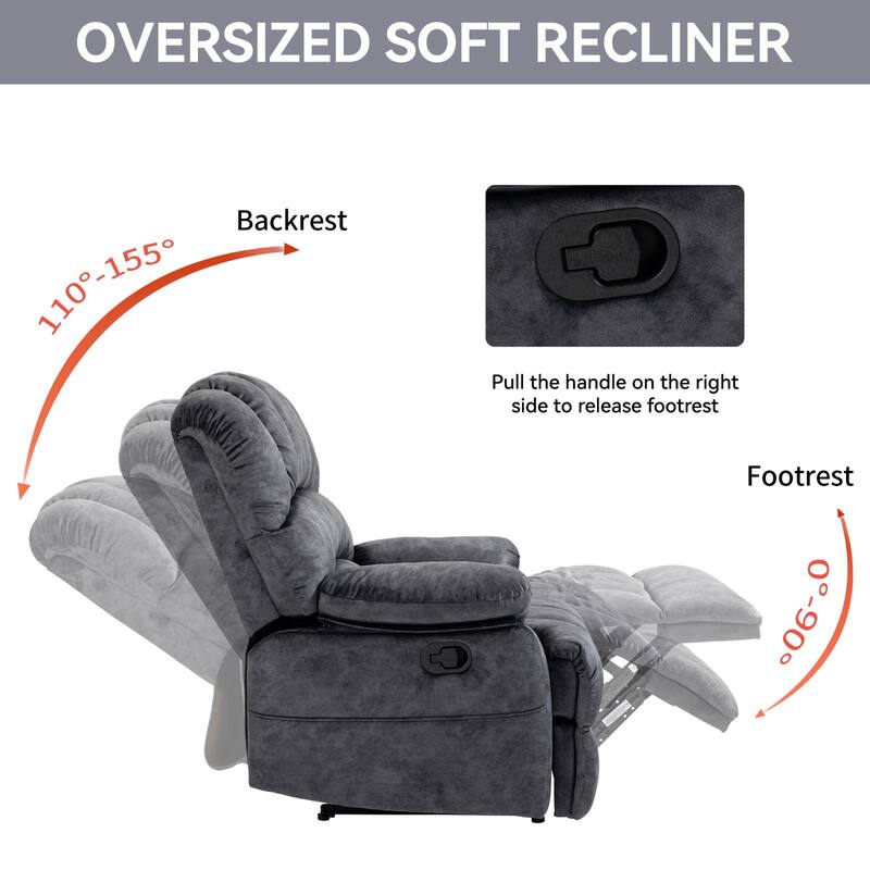 Roomfitters Oversized Manual Recliner Chair Padded Fabric Living Room Seating Ergonomic Lounge Sofa with Wide Armrests