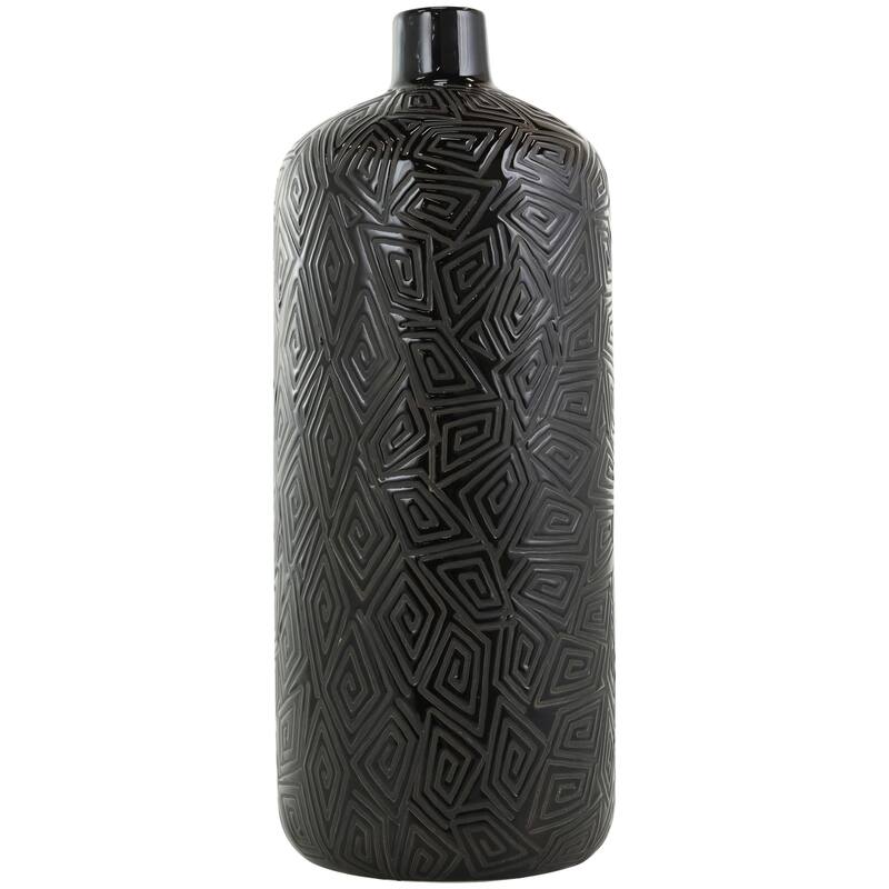 Black Ceramic Vase with Geometric Etchings