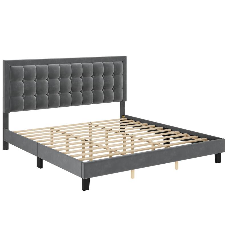 Upholstered Platform Bed Frame with Button Tufted Headboard and Wooden Slats