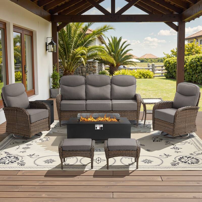 Meyreso 7-Piece Wicker Outdoor Patio Fire Pit Sofa Set with 6-Inch Thick Cushions - Brown Wicker - Gray Cushions