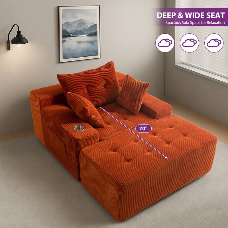 Corduroy Upholstered Memory Foam Sofa With Ottoman Upholstered Bean Bag Couch - 48.4"Lx67.7"Wx24.4"H
