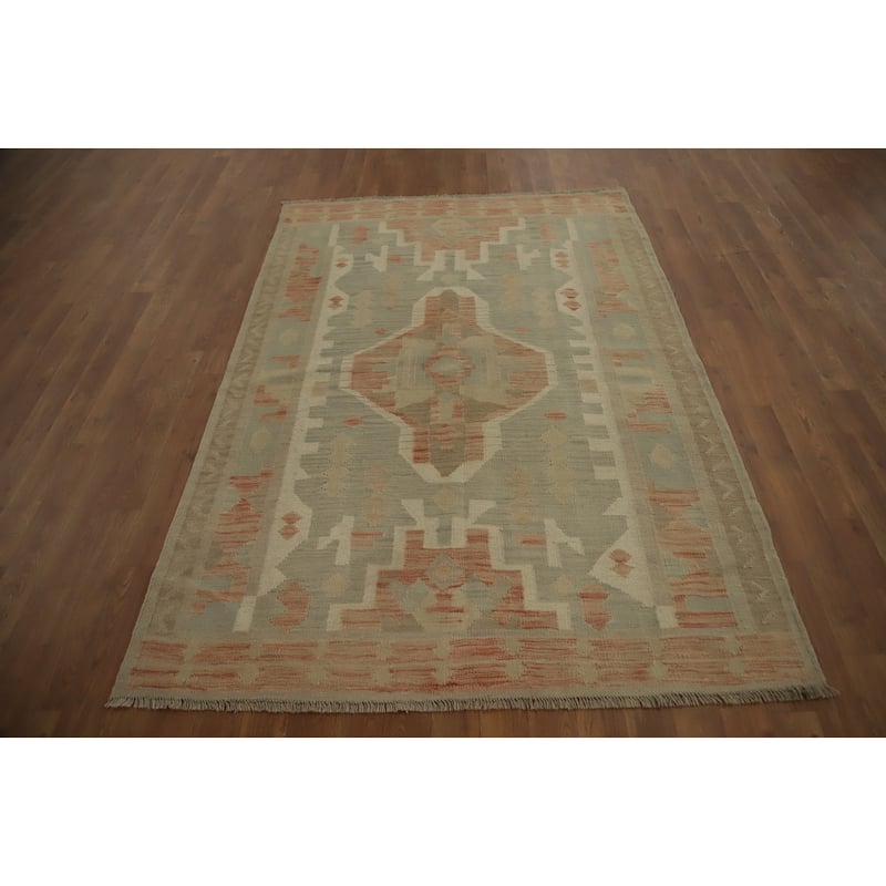 Hand Woven Oriental 100% Wool Carpet Southwestern Tribal Greys & Charcoal Kilim Area Rug - 6' 0'' X 4' 2''
