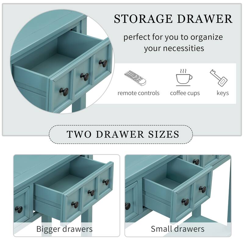 60" Long Sofa Table Entryway Console Table with 4 Drawers & Storage Shelf for Living Room Hallway Side Table, Turquoise Green