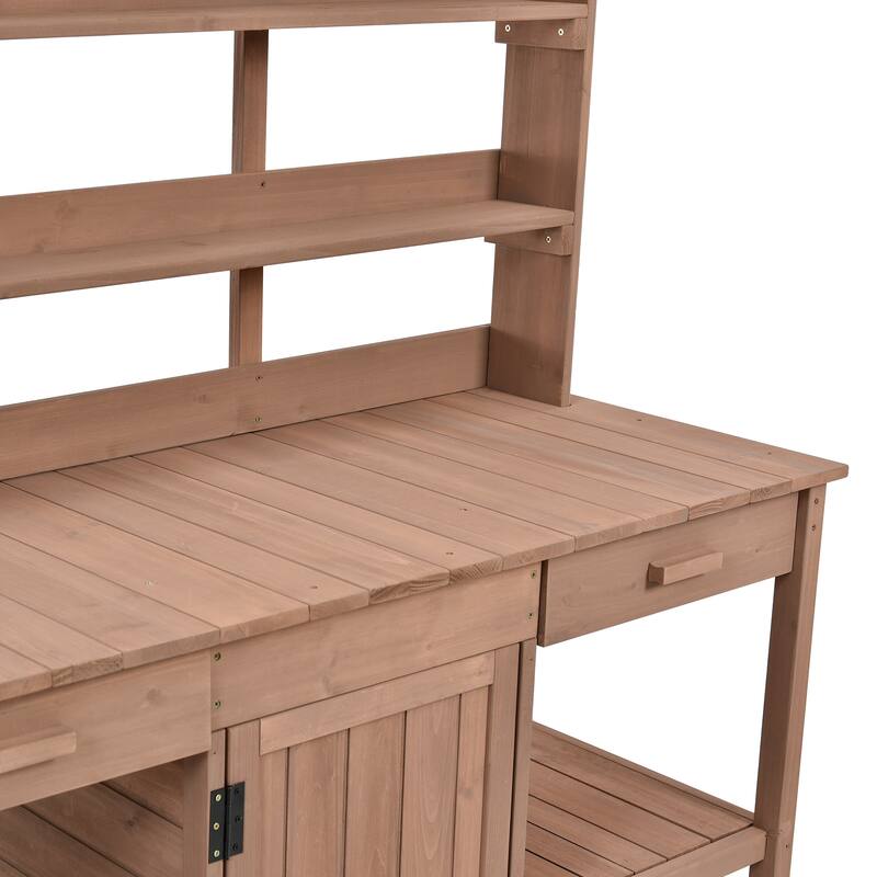 Outdoor Wooden Potting Bench Table, Garden Potting Bench with Cabinet, Patio Workstation with 4 Open Shelves and 2 Drawers