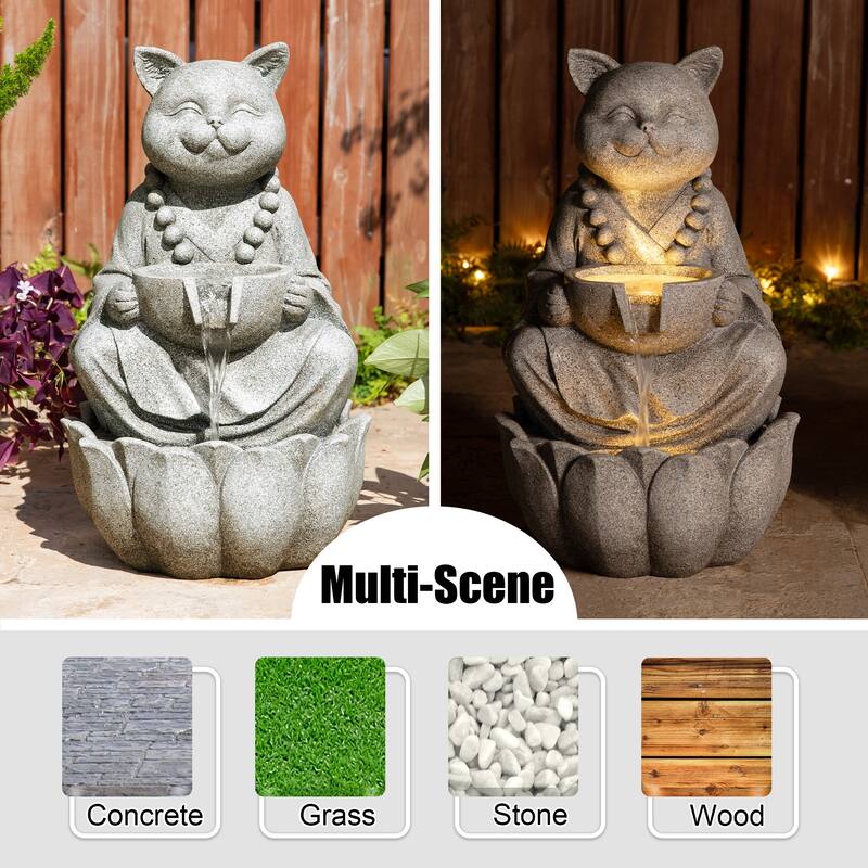 Glitzhome 21.75"H 2-Tiered Zen-Style Polyresin Cat Dog Statue Outdoor Fountain with LED Lights