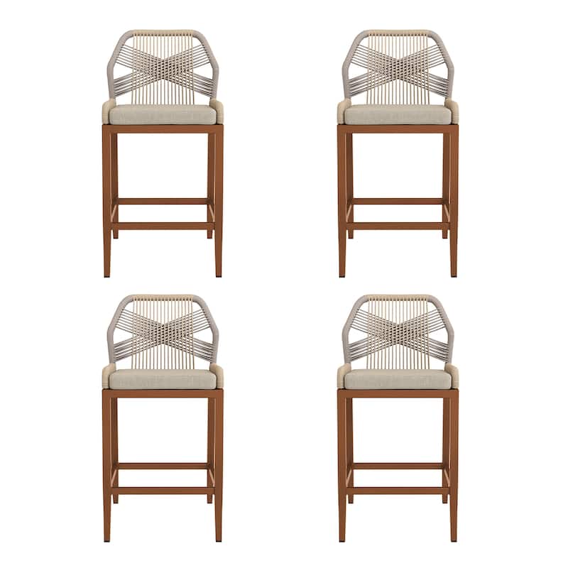 4 Set Modern Aluminum Twill Wicker Woven Outdoor Bar Stool Chair Set, Counter Height Stool with Back and Cushion - 40.6"H