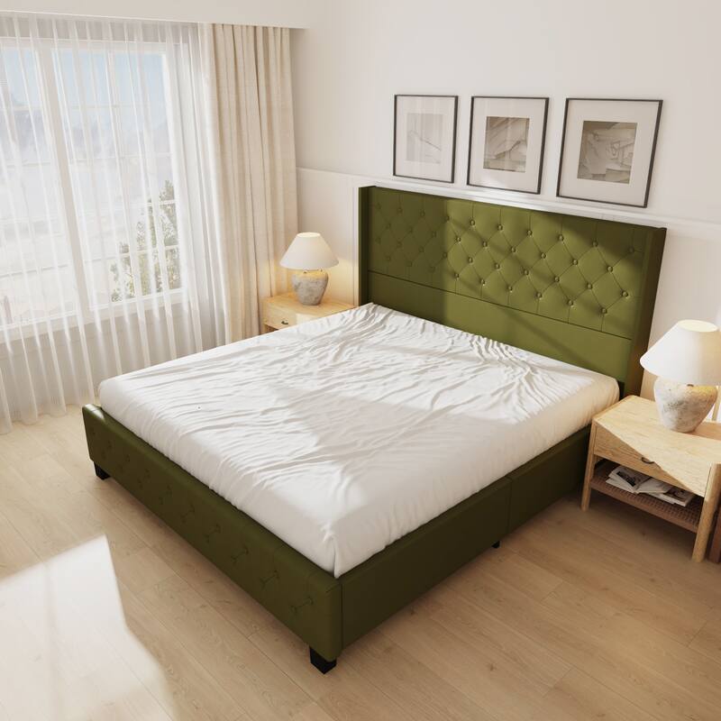 King Size Olive Green Leather Upholstered Platform Bed with Extra Tall 52.8" Tufted Wingback Headboard Bed Frame