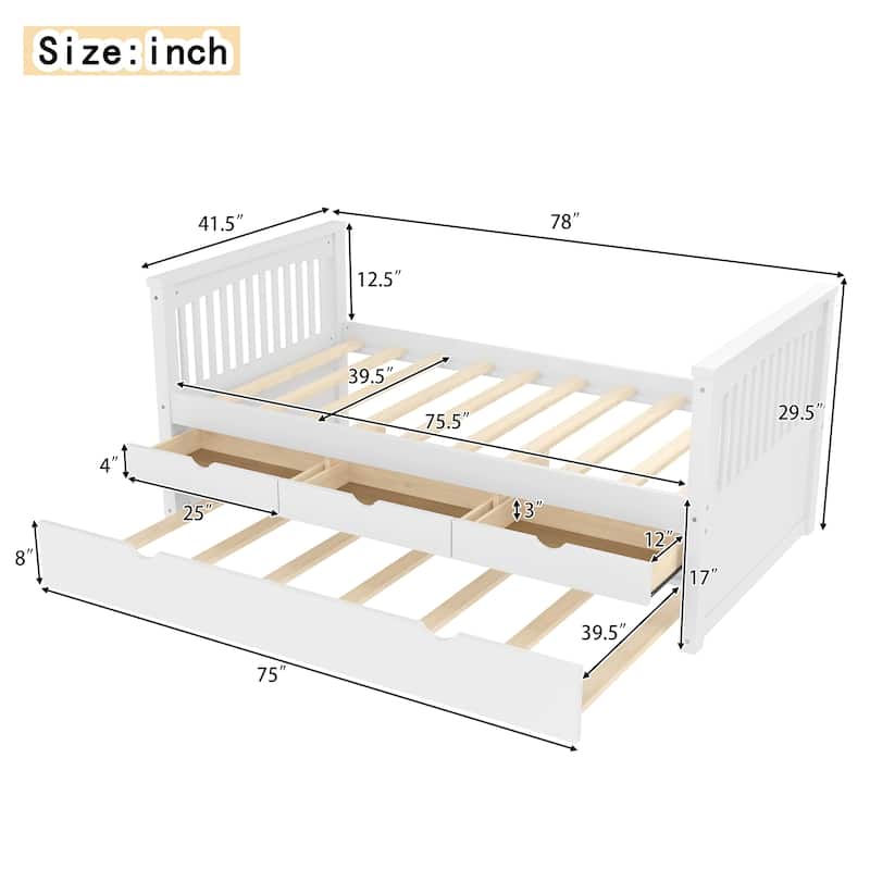 Twin Platform Bed with Drawers and Trundle, Solid Wood Daybed, No Spring Box Needed