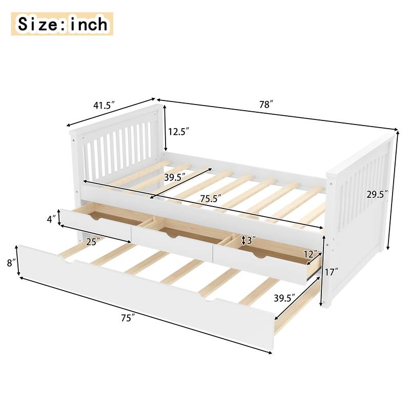 Twin Solid Wood Platform Bed with Drawers and Trundle, Space-Saving Daybed Frame with Storage, No Box Spring Needed