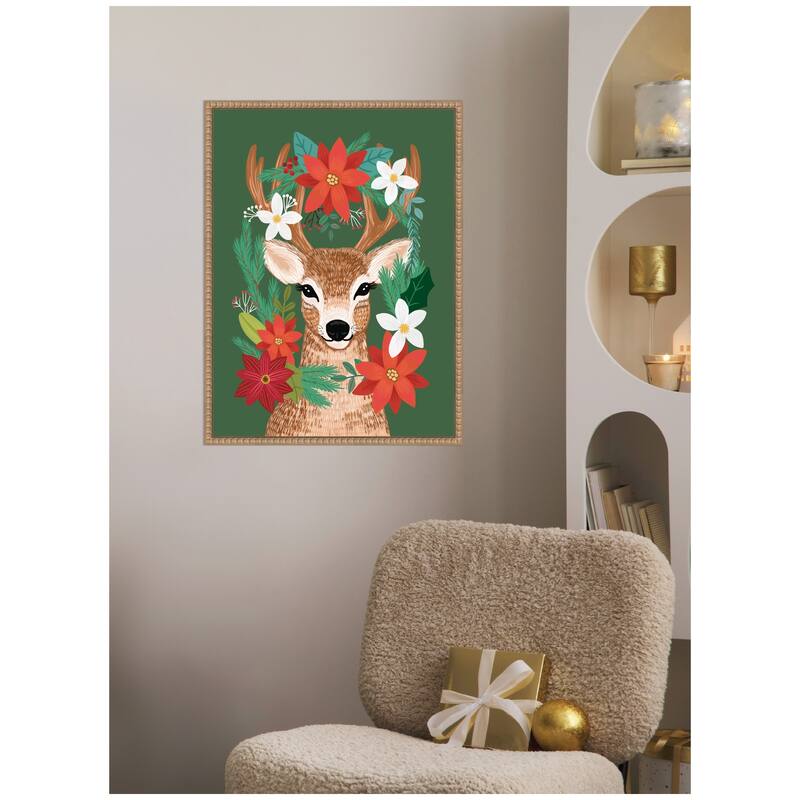 Kate and Laurel Sylvie Beaded Festive Christmas Deer Framed Canvas by Mia Charro - Sylvie Beaded Rustic Natural
