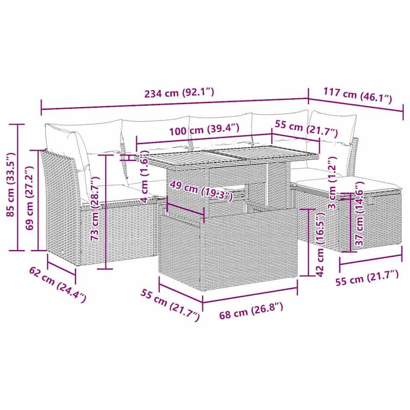 6 Piece Garden Sofa Set with Cushions - 21.7 x 39.4 x 28.7 in