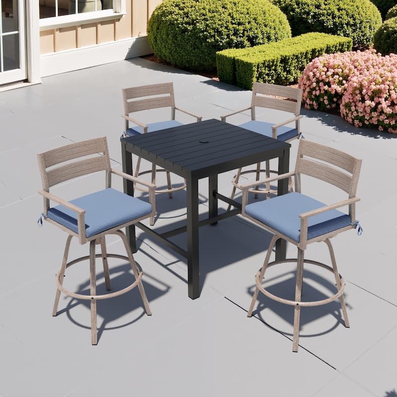 3/5-Piece Patio Aluminum Swivel Bar Stools with Sunbrella Cushion and Table Set - Spectrum Denim - Set of 5
