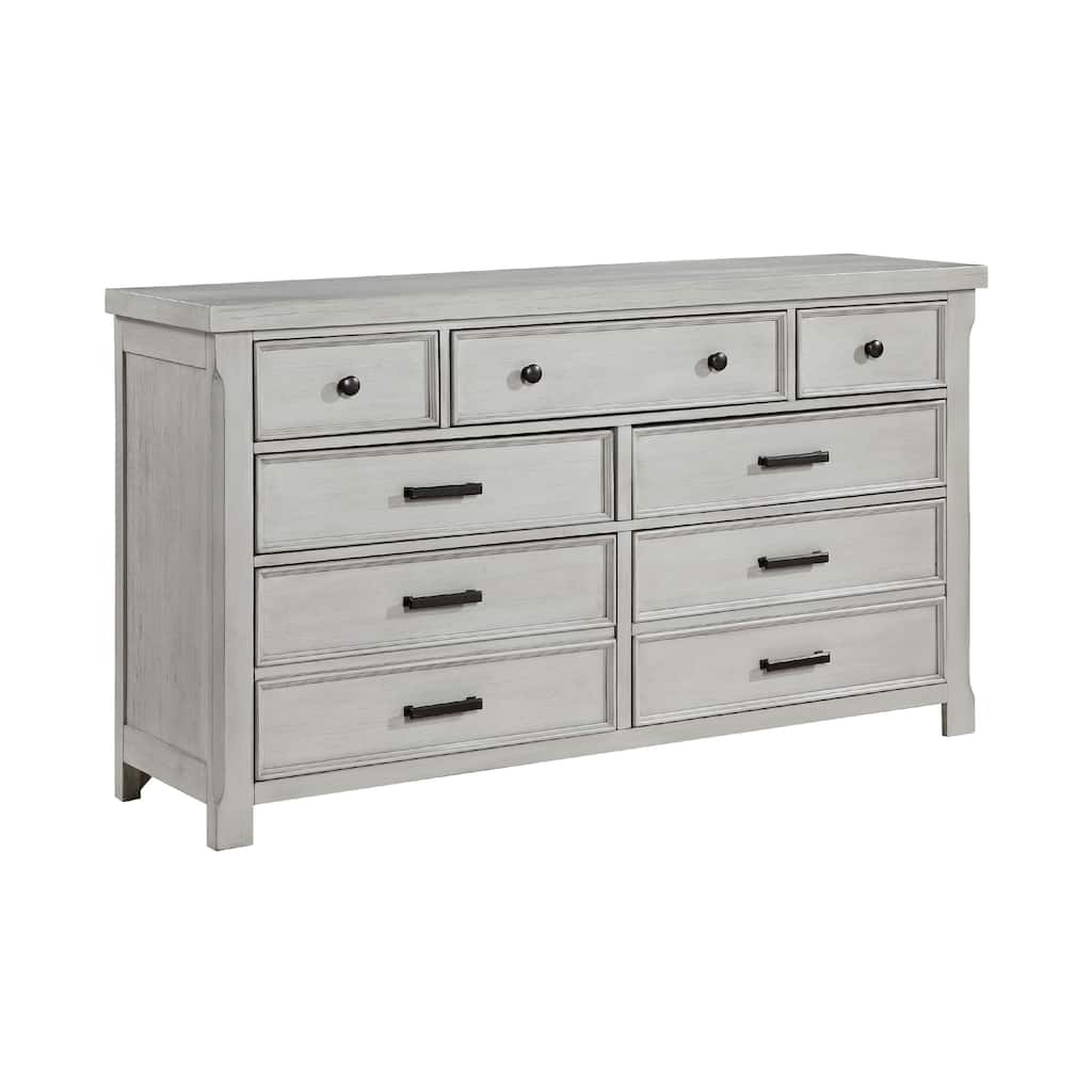 Brok 67 Inch Dresser, 7 Drawers, Light Gray Acacia, Black Bar Handles