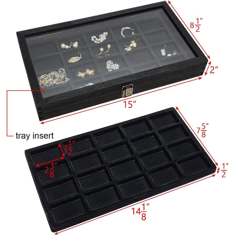Natural Wood Glass Top Jewelry Display Case Accessories Storage Box with Metal Clasp & Removable 20 Compartments - S
