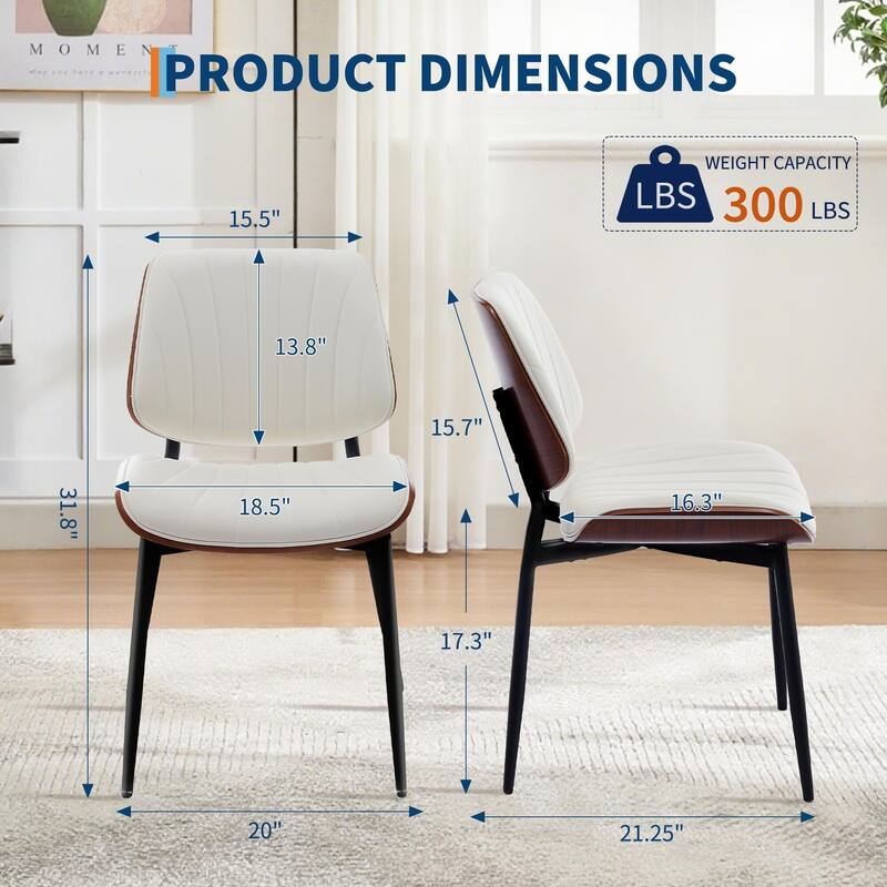 Dining Chairs Set of 2, Modern PU Leather Upholstered Accent Chairs with Shell Strips, Walnut Bentwood Back