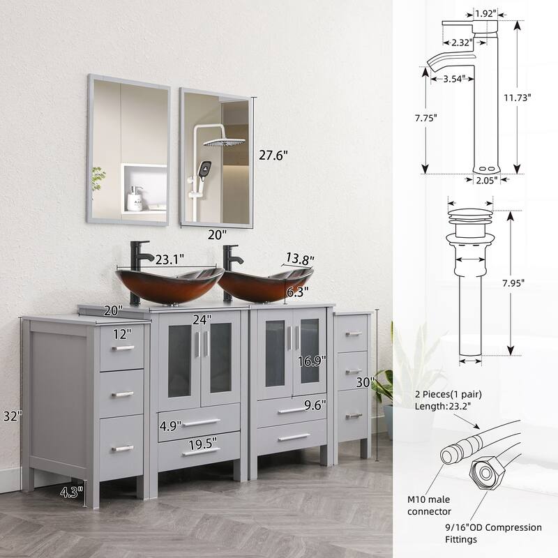 72" Bathroom Vanity Set Glass Ceramic Vessel Sink Side Cabinet Combo