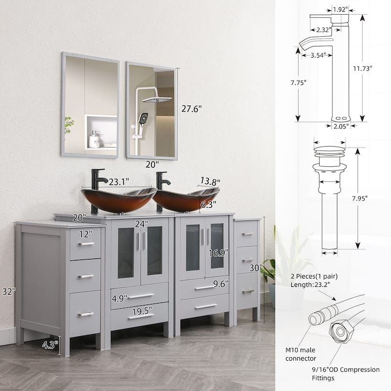 72" Bathroom Vanity Set Vessel Sink Cabinet Mirror Combo