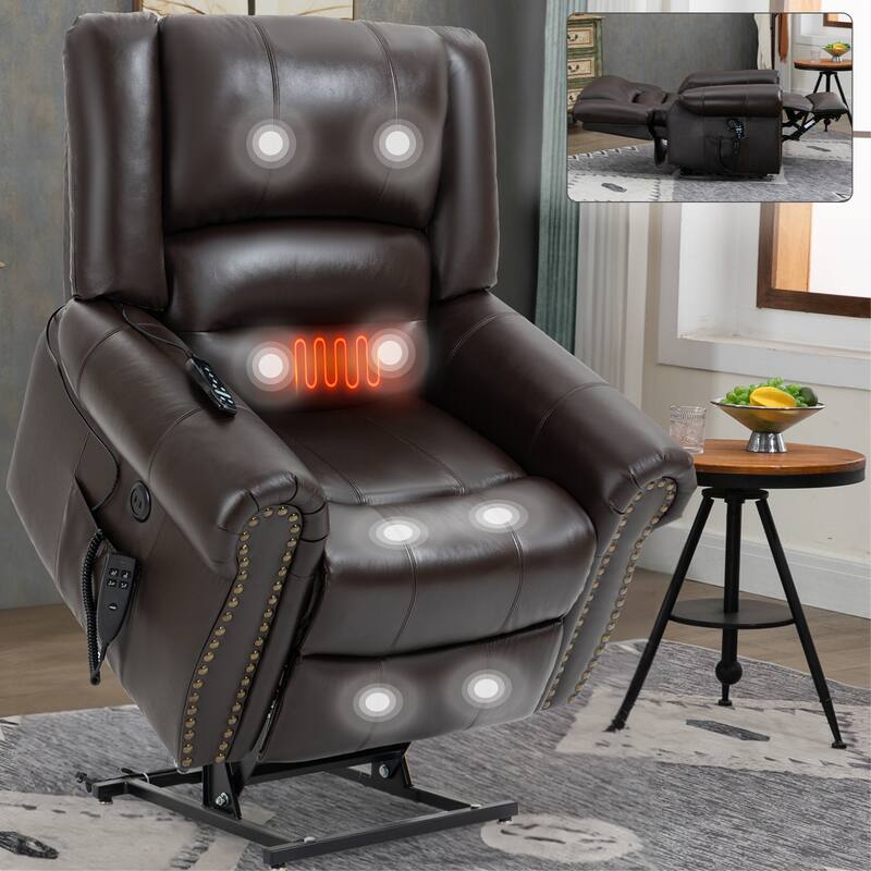 Brown Genuine Leather Power Lift Recliner Chair with Dual Motor, 8-Point Vibration Massage, Heated, USB Ports