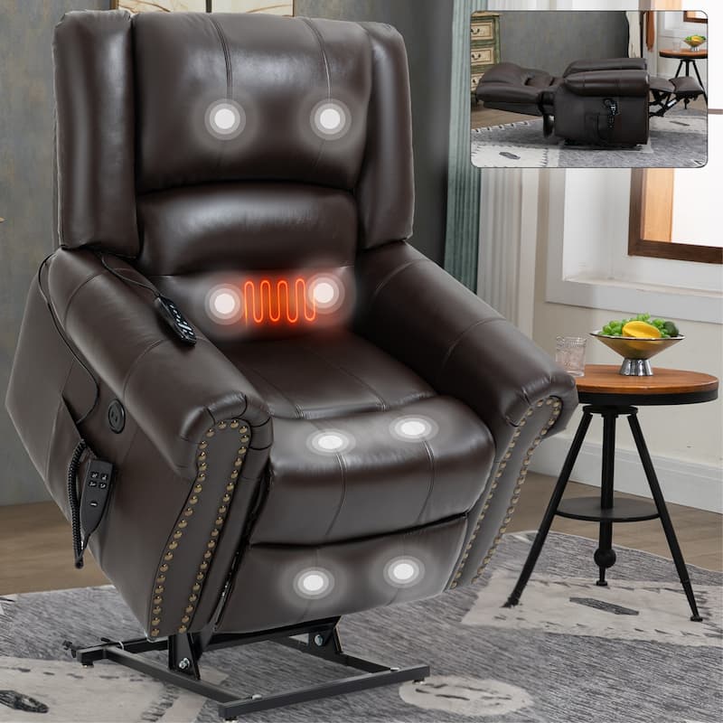 Brown Genuine Leather Power Lift Recliner with Dual Motors, Heated Massage, USB Ports, and Adjustable Recline