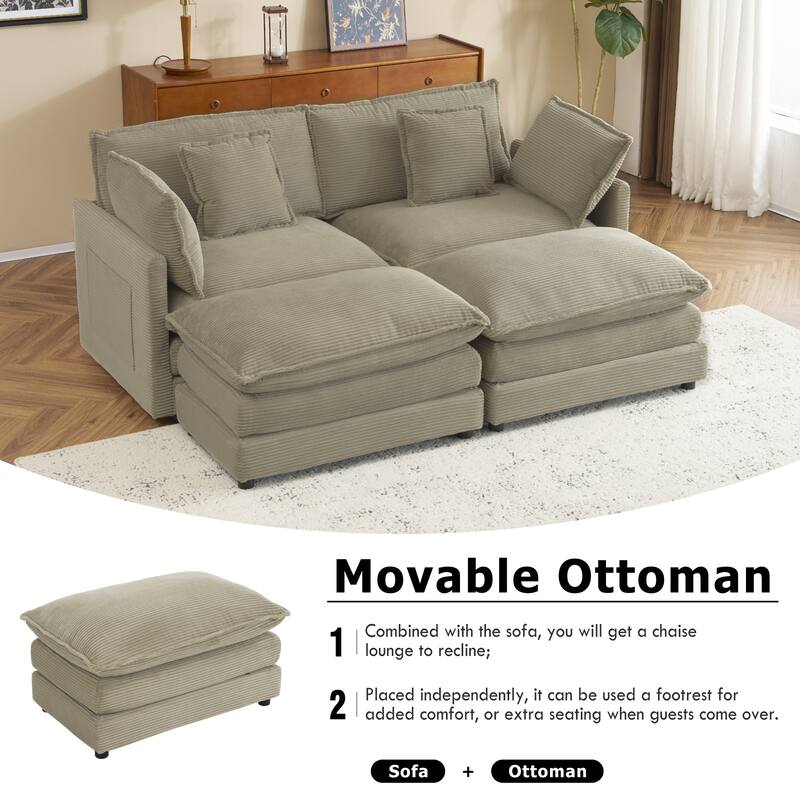Corduroy Loveseat Set with Movable Ottoman 4 Seater Corner Sofa, Upholstered Deep-seat Couch wCushions and 4 Pillows