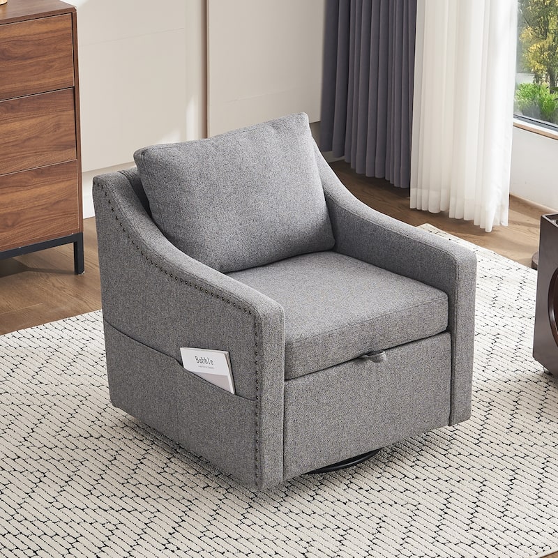 Linen Upholstered Swivel Accent Chair, Ergonomic Single Sofa Chair, Lounge Reading Chair with Nailhead Decor & Metal Base