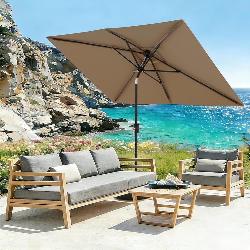 10' x 6.5' Solar Patio Umbrella with Crank and Push Button Tilt for Garden, Deck, Lawn, Pool (No Base) - Tan