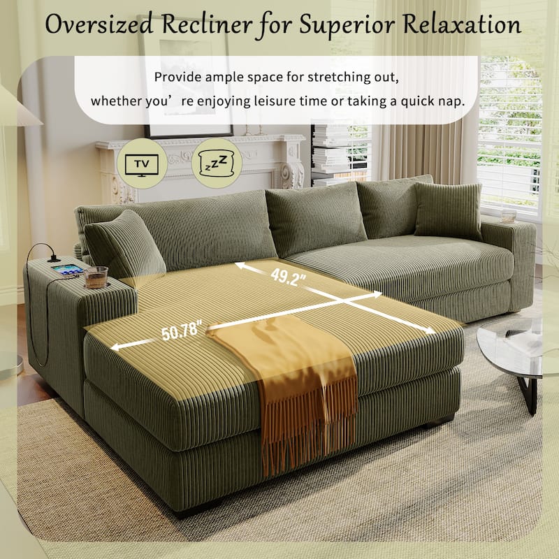Luxurious Large Sectional Sofa with Thick Cushions, Lounge, Built-in Cup Holders & Charging Ports