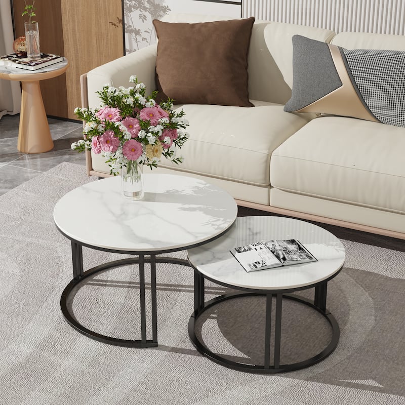 2X Round Nested Coffee Table Sintered Stone Top Metal Tables - 27”x16” - Glossy White+Black