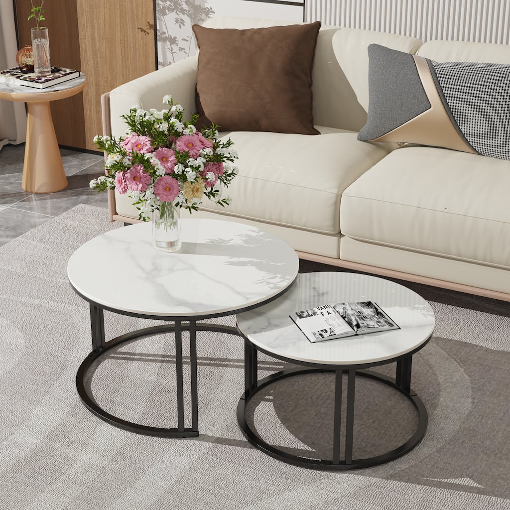 Round Sofa Nesting Coffee Table Sintered Stone Set of 2
