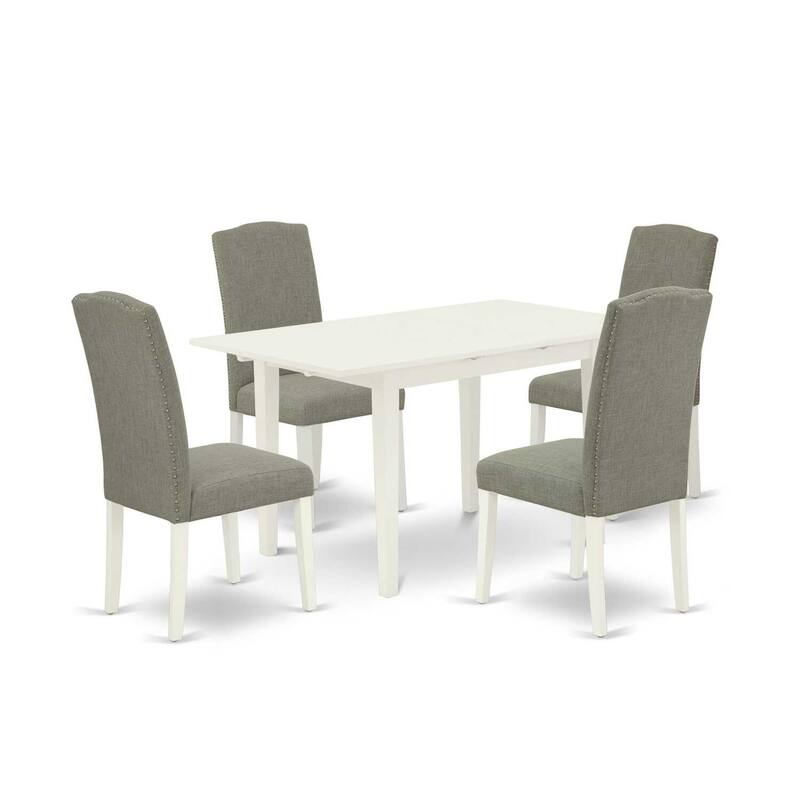 HomeStock 5-Pc Linen White Finish Solid Wood Top - Rectangular Upholstered Dining Room Set with Butterfly Leaf - Seats 4