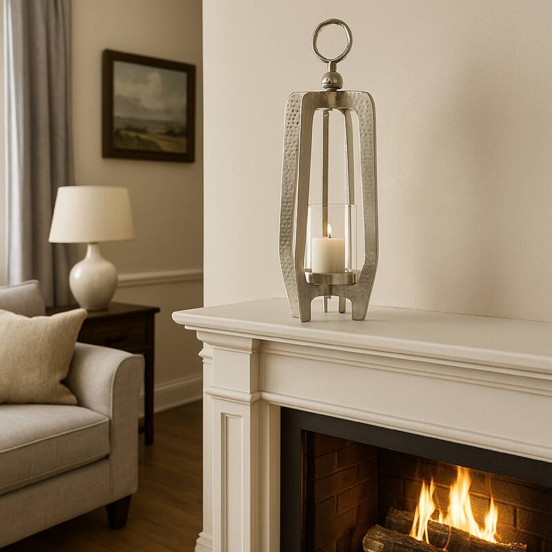 Brie Candle Holder Lantern, 23 Inch, Silver Metal Frame, Glass Shade