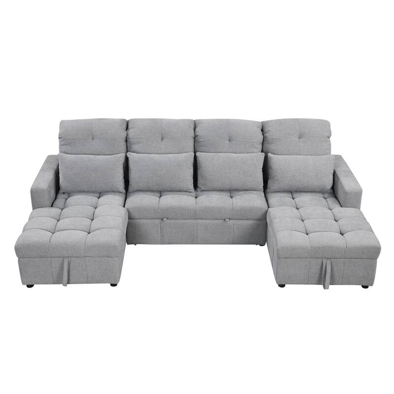 U-shaped Sofa Pull-out Sofa Bed, Modular Sectional Sofa with 2 Storage Chaise Lounges and 2 USB Ports for Living Room