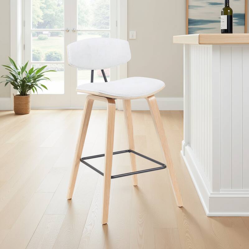 Fox Mid-Century Bar Stool, Upholstered Counter Height Chair with Bentwood Legs - White & Oak - Bar Height
