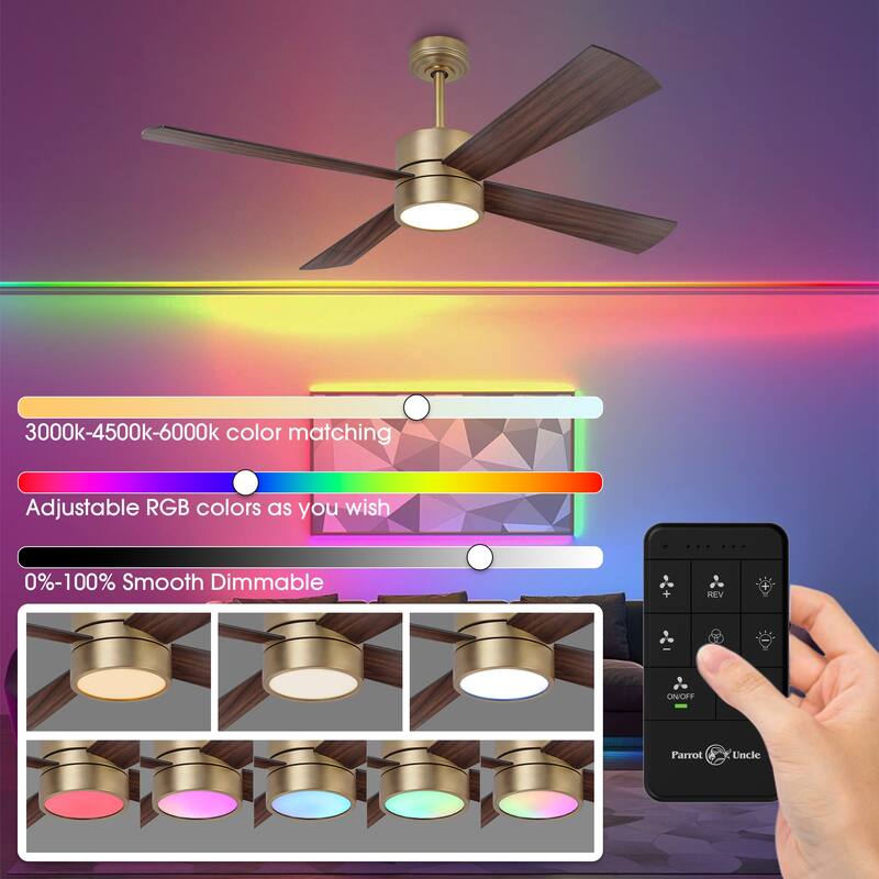 52" Black/ Distressed Brass Smart Dimmable RGB Ceiling Fan with Remote and App Control