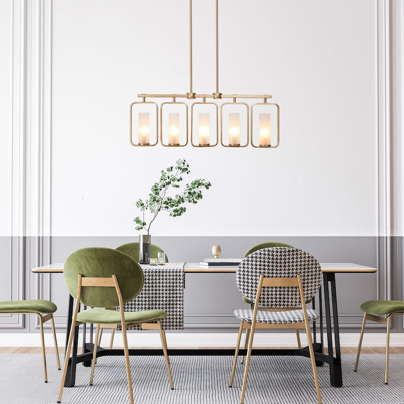 Siya Modern 5-Light Gold Linear Metal Chandelier with Frosted Glass for Kitchen Island Dimmable Pendant Lights