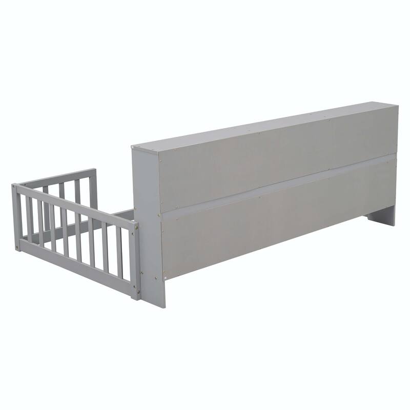 Twin Floor Bed with Bedside Bookcase and Guardrails