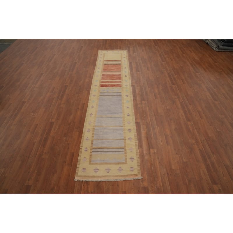 Hand Woven Oriental 100% Wool Carpet Southwestern Tribal Multi-Colored Kilim Runner Rug - 11' 10'' X 2' 7''