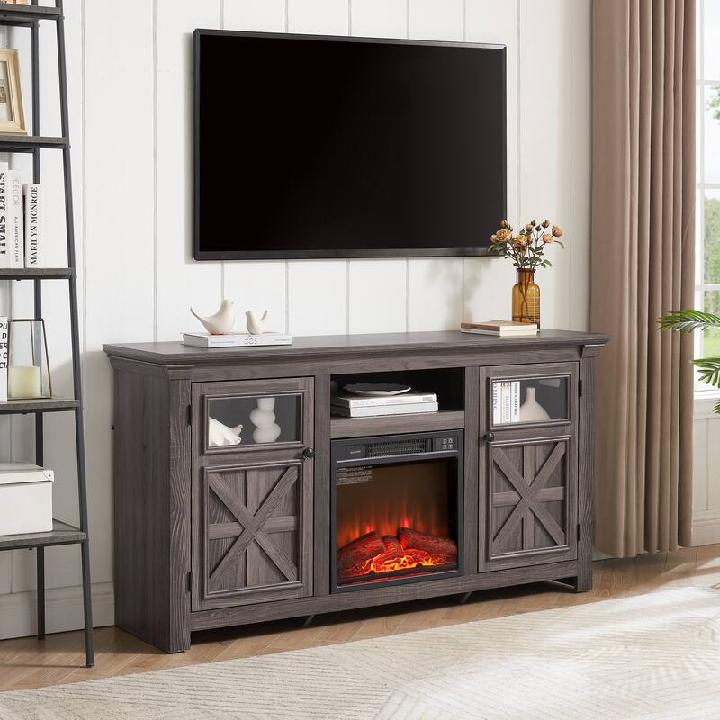 Farmhouse TV Stand, Media Stand With Fireplace Insert, Barn Design, and Adjustable Shelves, for Living Rooms and Bedrooms, Grey